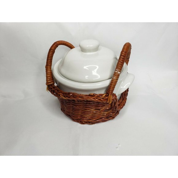 Wicker Porcelain Basket Sugar Condiment Storage Bowl - Picture 10 of 10